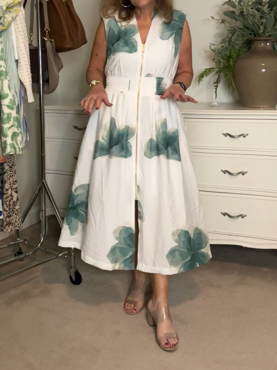 Printed Sleeveless Zip Front Midi Dress