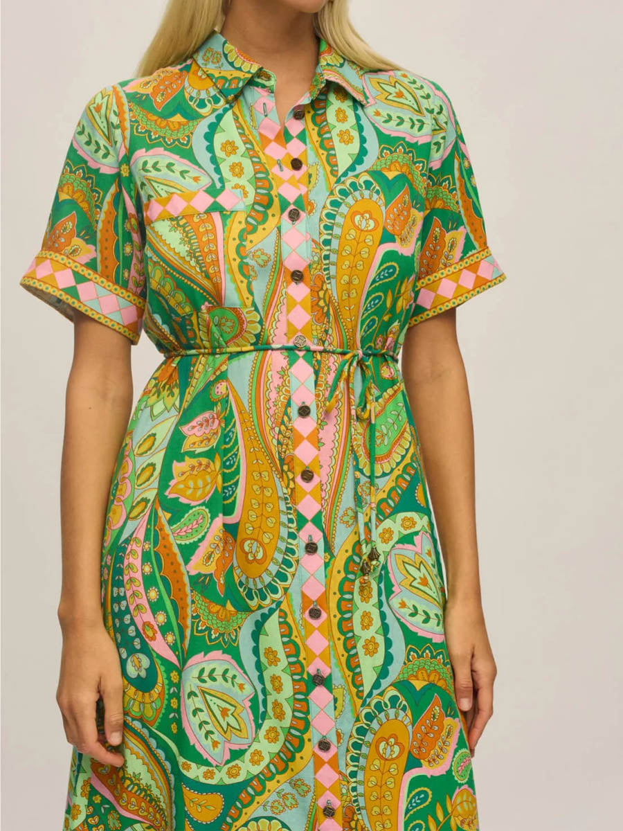 Placement Print Short Sleeve Belted Dress