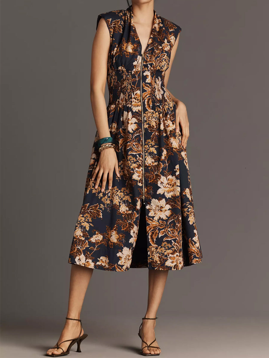Printed V Neck Zip-Front Midi Dress