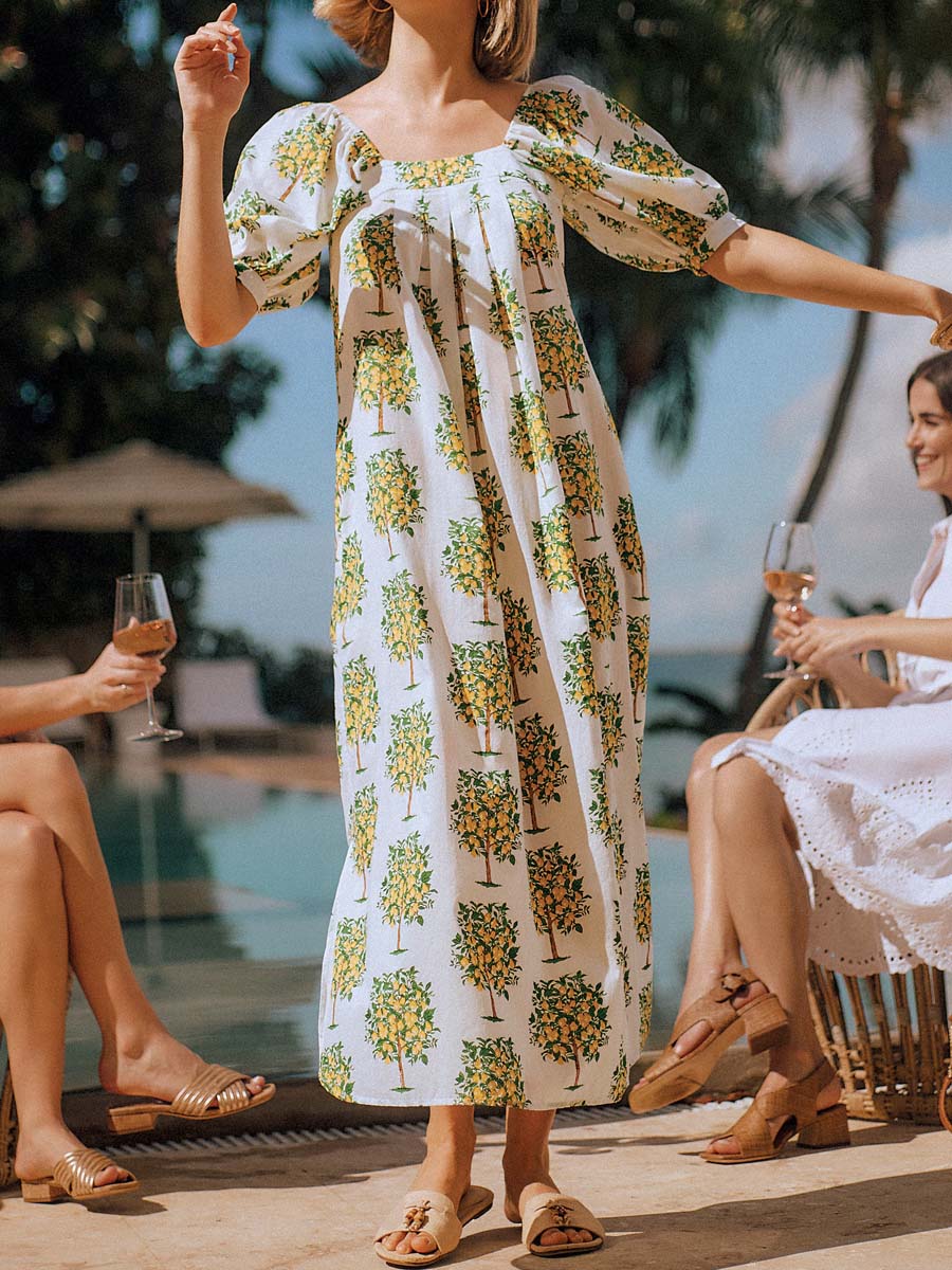 Floral Print Square Collar Loose Dress
