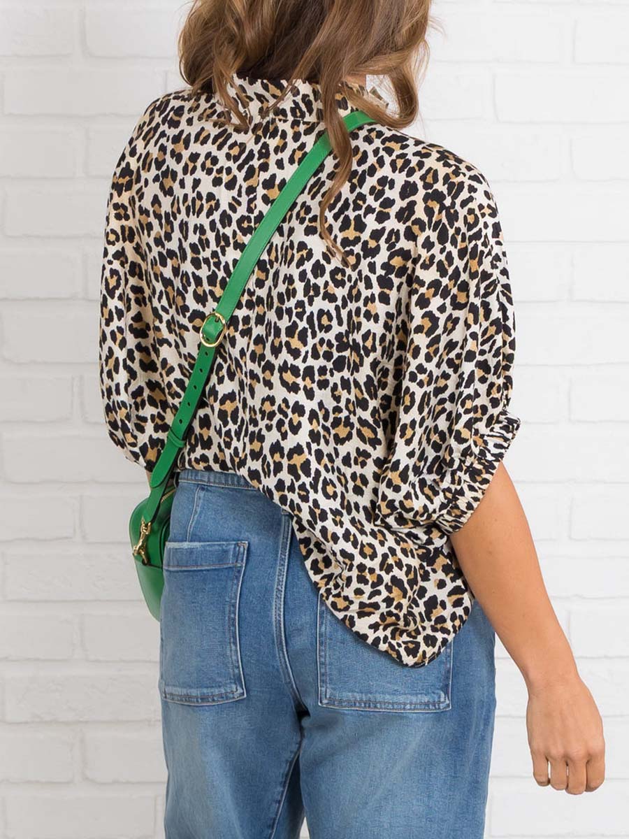 V Neck Batwing Sleeve Leopard Print Top