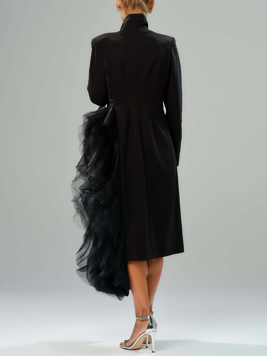 Asymmetric Layered Tulle High Collar Coat