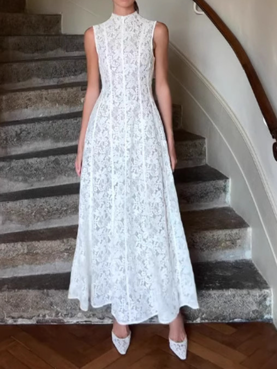 Sleeveless High Collar Vintage Lace Dress