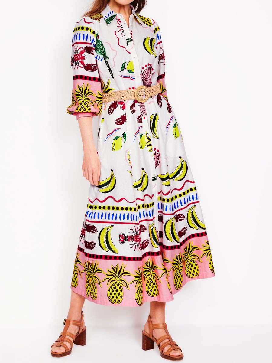 Printed Long Sleeve Belted Maxi Dress