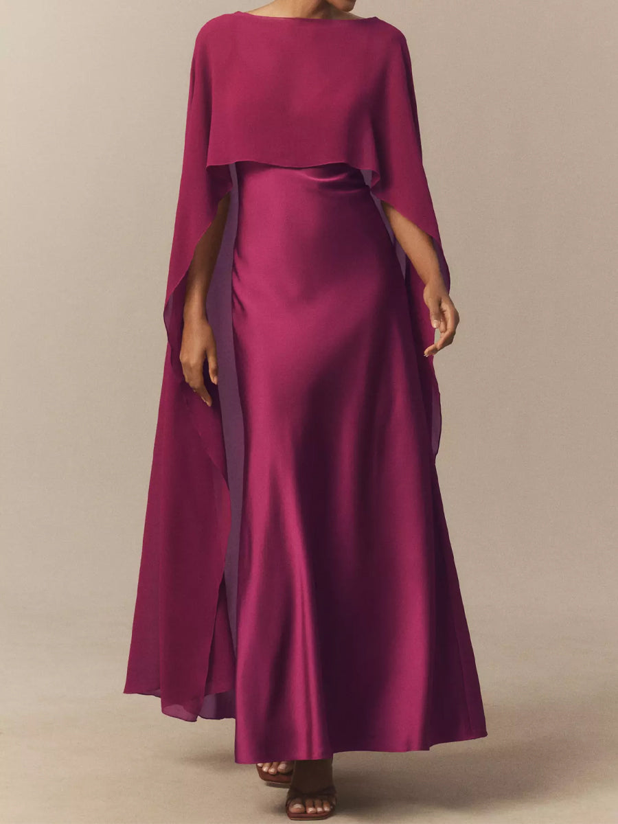 V-Neck Cape Satin Maxi Dress