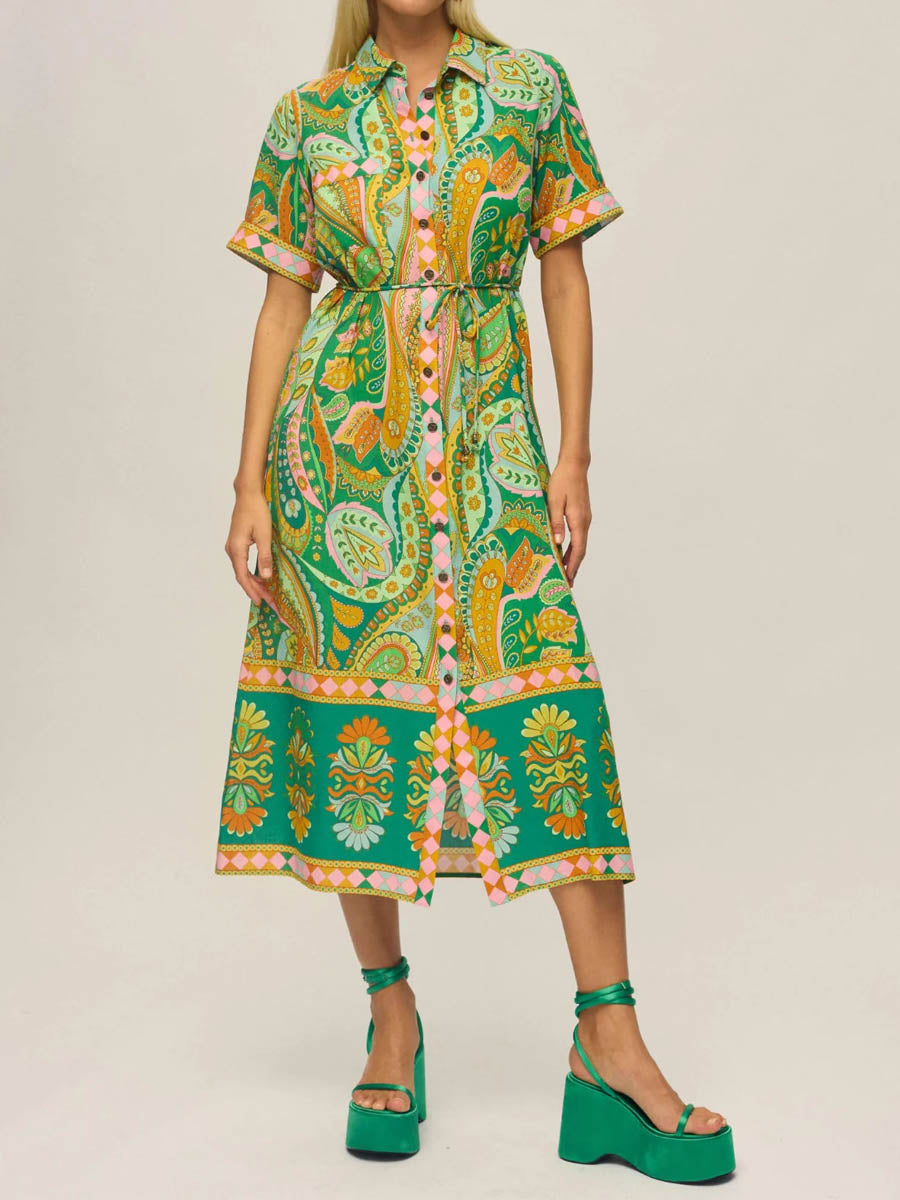 Placement Print Short Sleeve Belted Dress