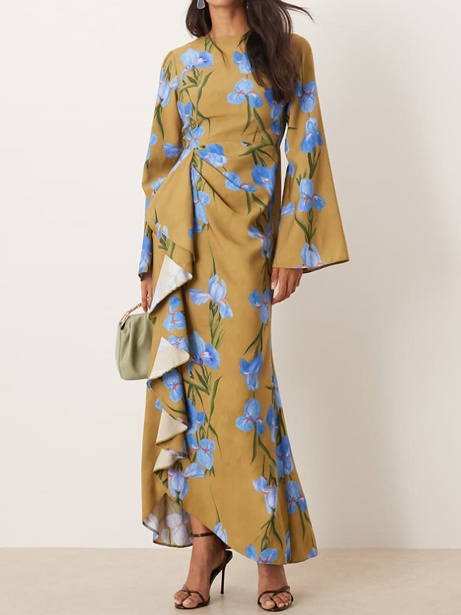 Floral Print Ruffled Long Sleeve Maxi Dress