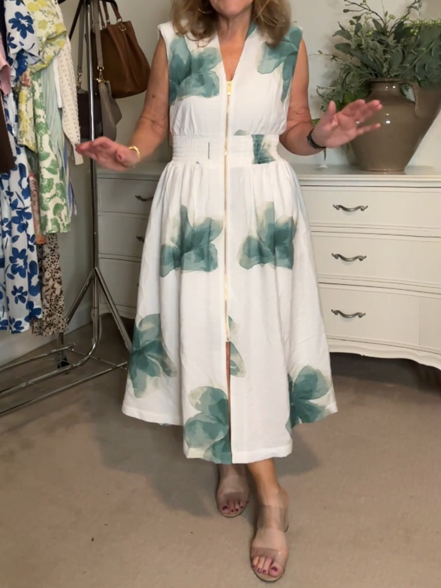 Printed Sleeveless Zip Front Midi Dress