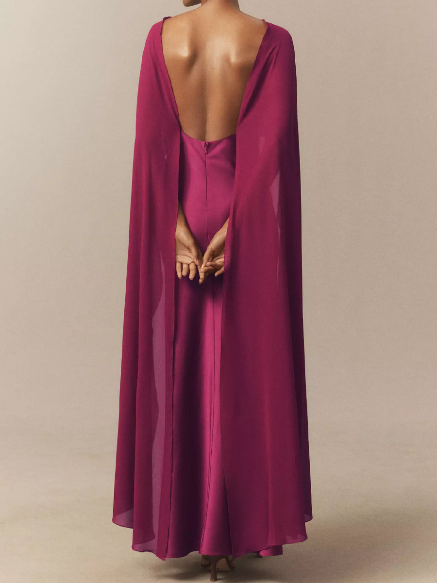V-Neck Cape Satin Maxi Dress