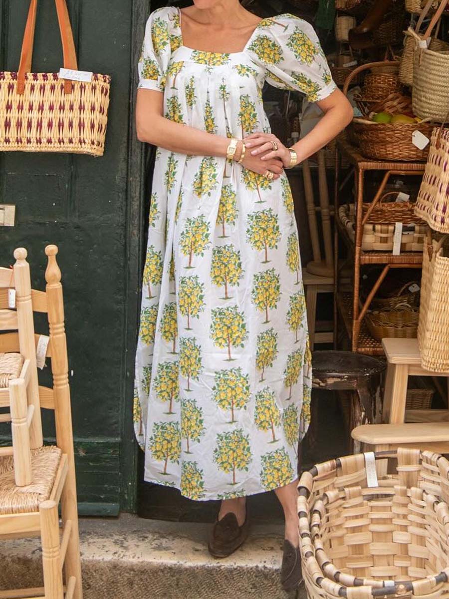 Floral Print Square Collar Loose Dress
