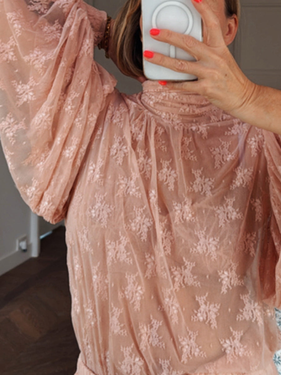 High Neck Puffed Sleeve Lace Two Pieces Dress