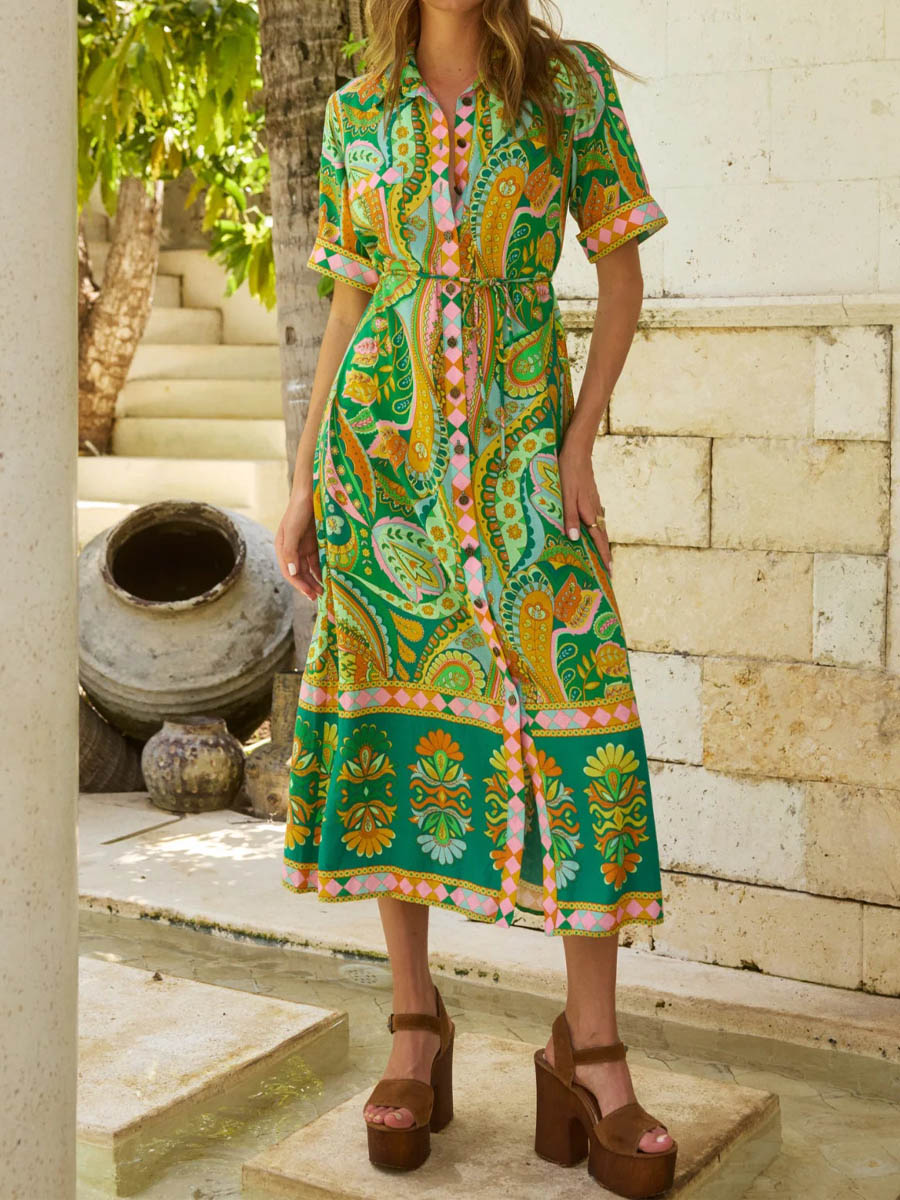 Placement Print Short Sleeve Belted Dress