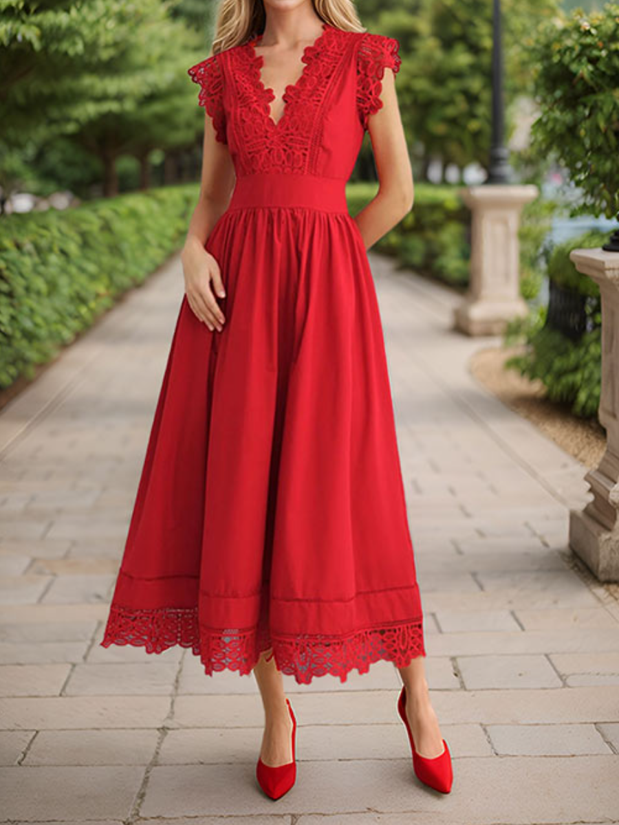 Lace-Trimmed Solid V-Neck Dress