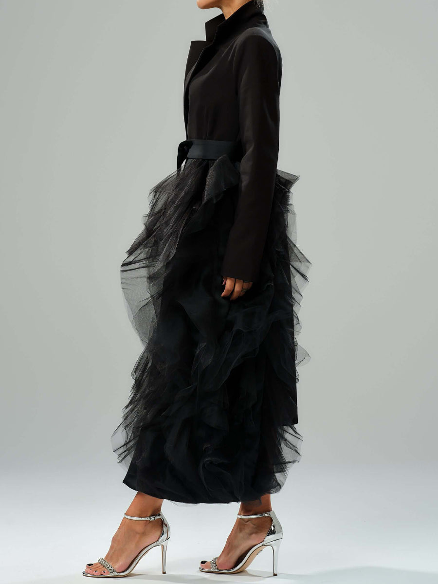 Asymmetric Layered Tulle High Collar Coat