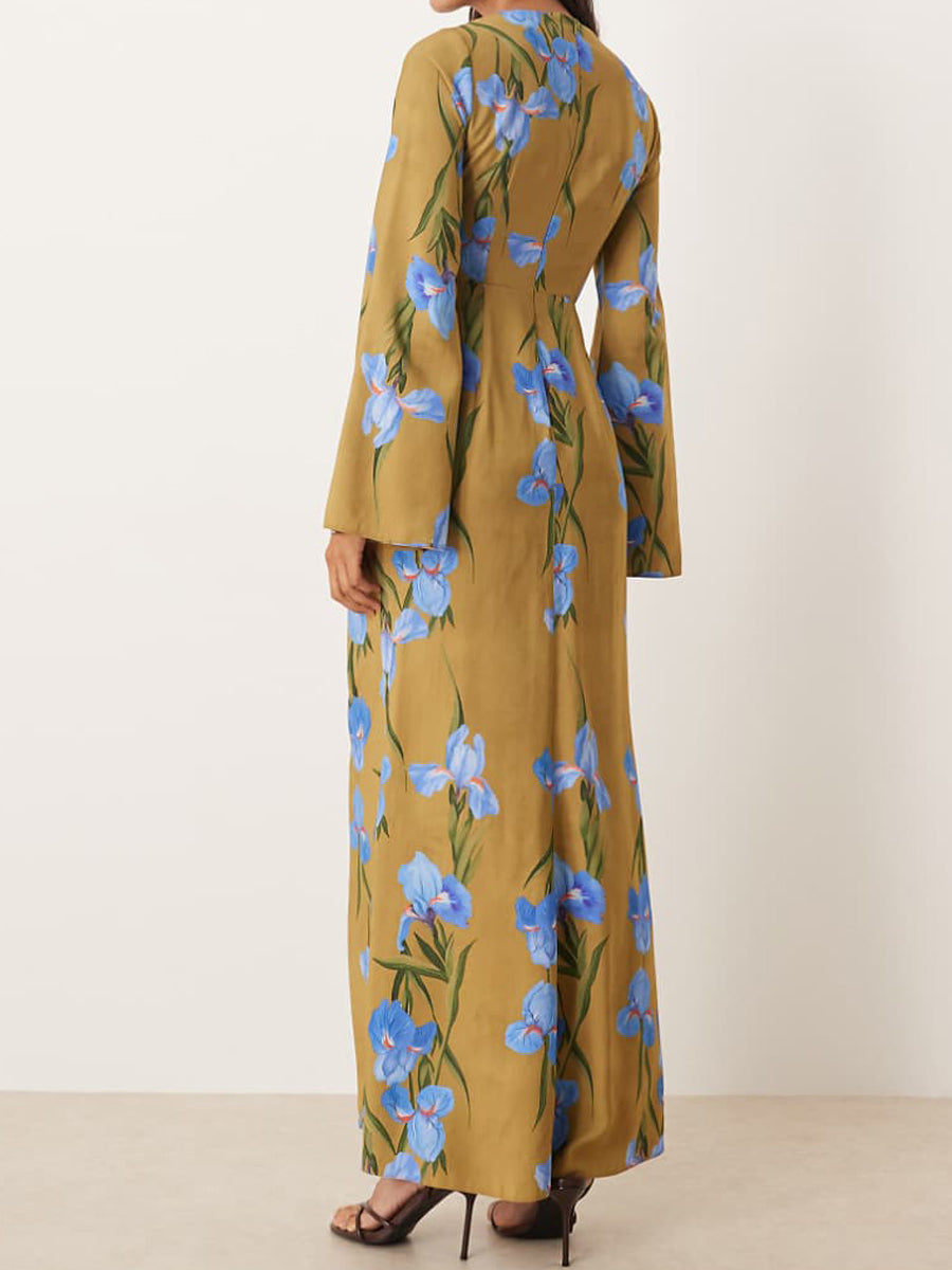 Floral Print Ruffled Long Sleeve Maxi Dress