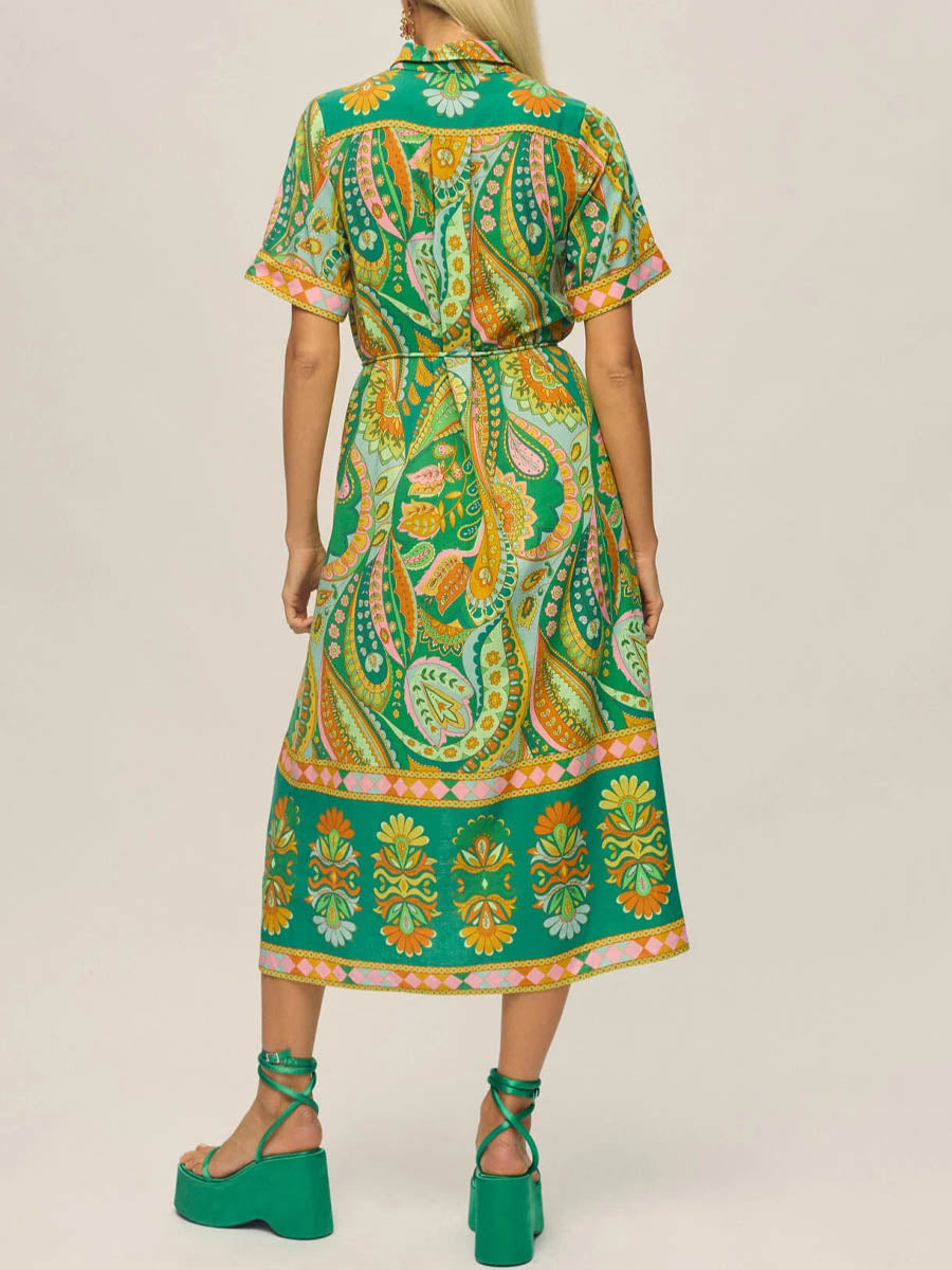 Placement Print Short Sleeve Belted Dress