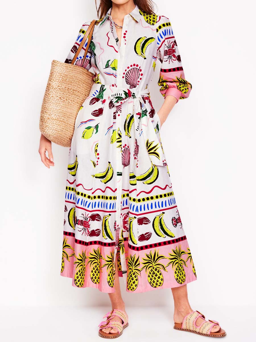 Printed Long Sleeve Belted Maxi Dress