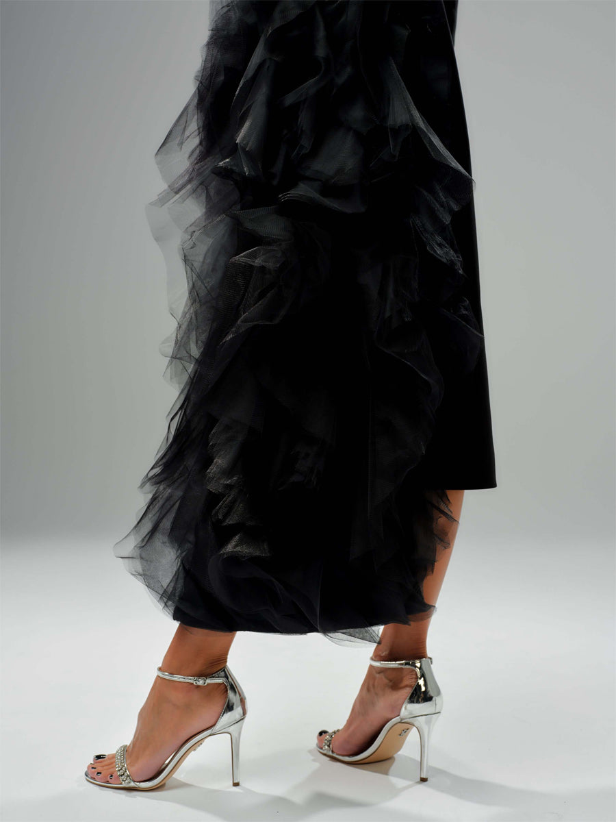 Asymmetric Layered Tulle High Collar Coat