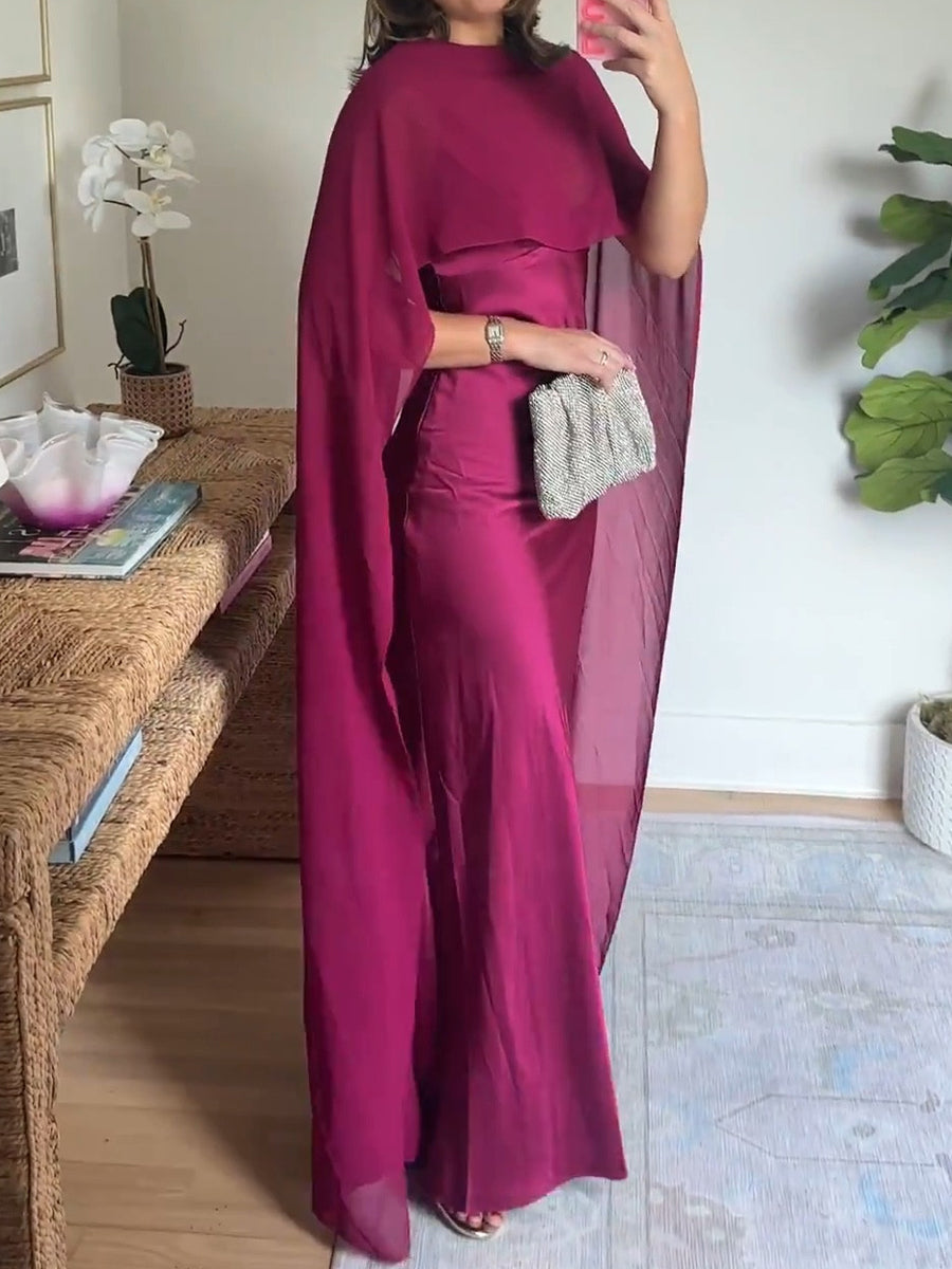 V-Neck Cape Satin Maxi Dress
