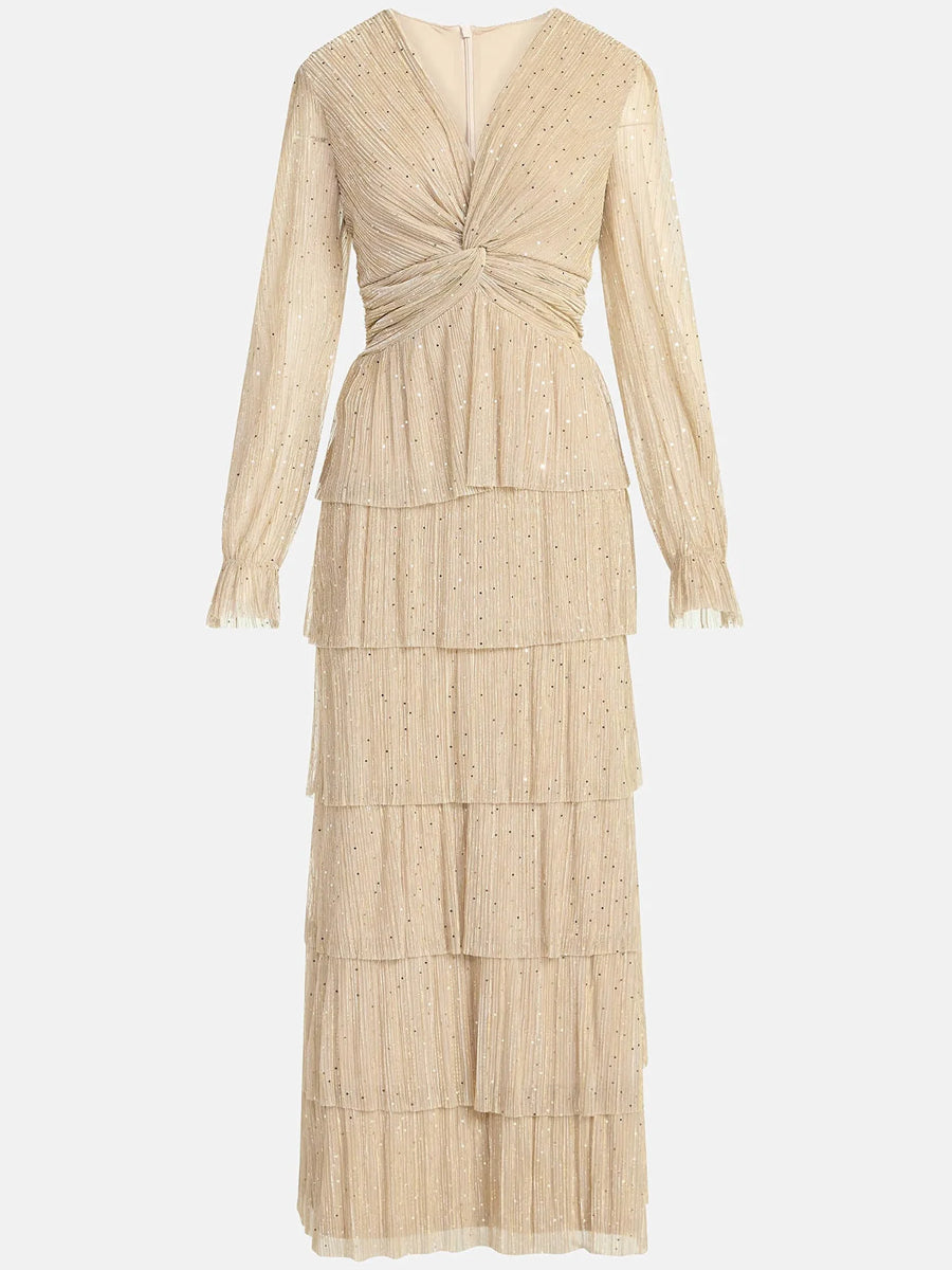 Twist Knot Glitter Ruffle Maxi Dress