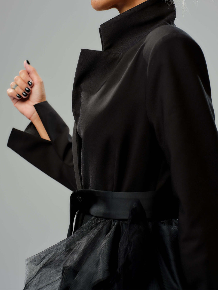 Asymmetric Layered Tulle High Collar Coat