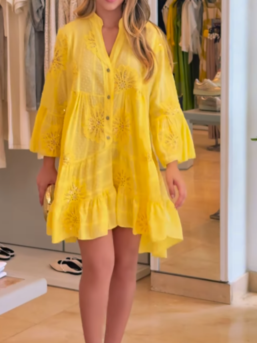 Solid Color V-Neck Loose Embroidery Hollow Lace Trumpet Sleeve Casual Dress
