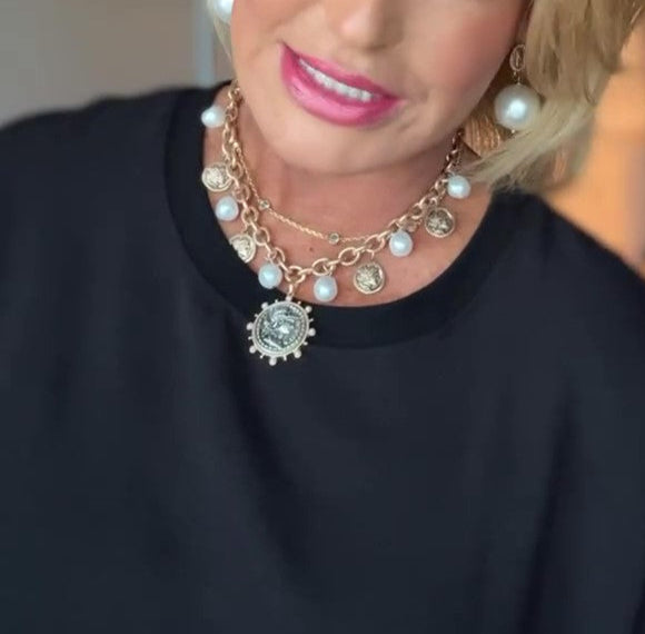 Silver & Gold Pearl and coin charm necklace