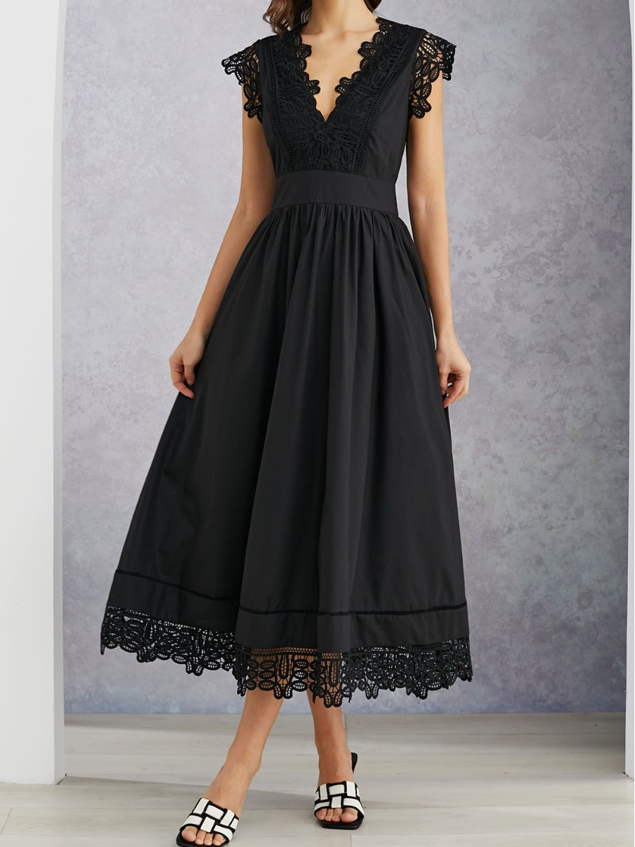 Lace-Trimmed Solid V-Neck Dress