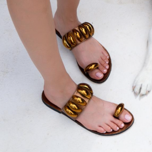 Metallic Accessory Detail Flat Sole Finger Women's Slippers