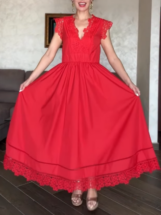 Lace-Trimmed Solid V-Neck Dress