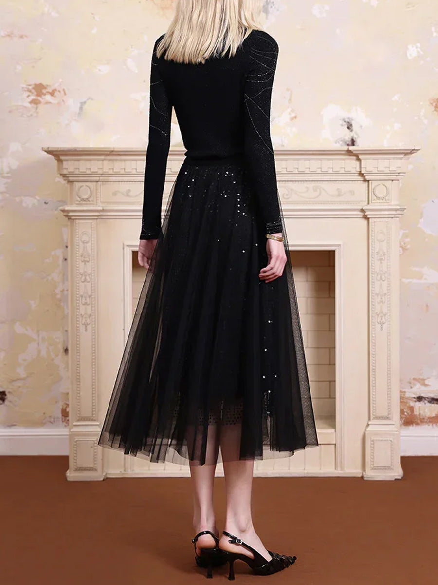 Knit Turtleneck Top & Sequined High Waist Skirt