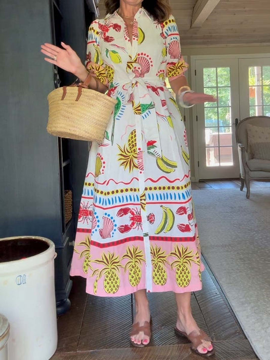 Printed Long Sleeve Belted Maxi Dress