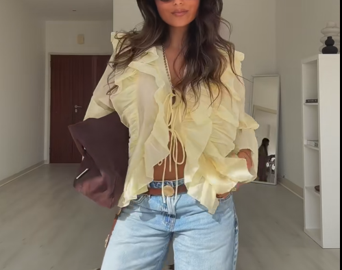 V-Neck Loose Ruffle Shirt