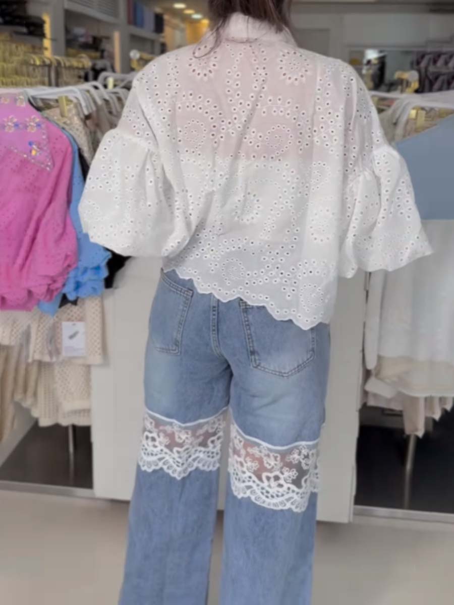 Denim Lace Patchwork High Waist Pants