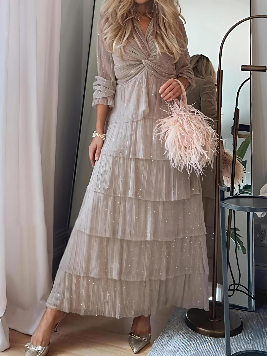 Twist Knot Glitter Ruffle Maxi Dress