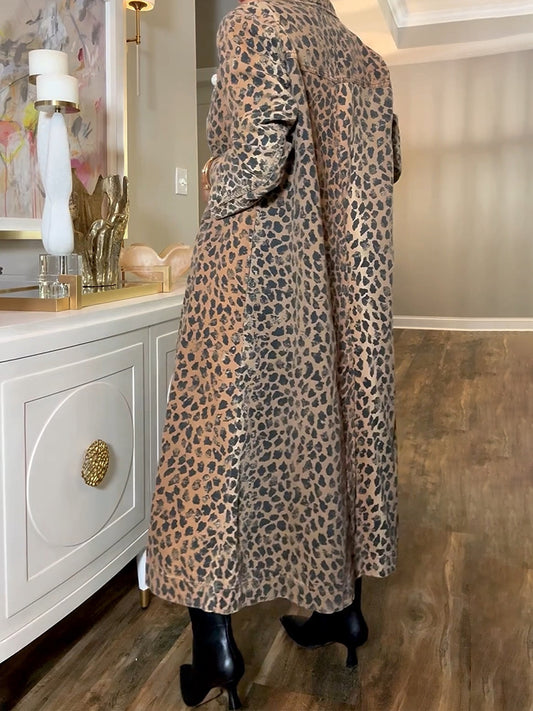 Leopard Print Wide Lape Long Coat