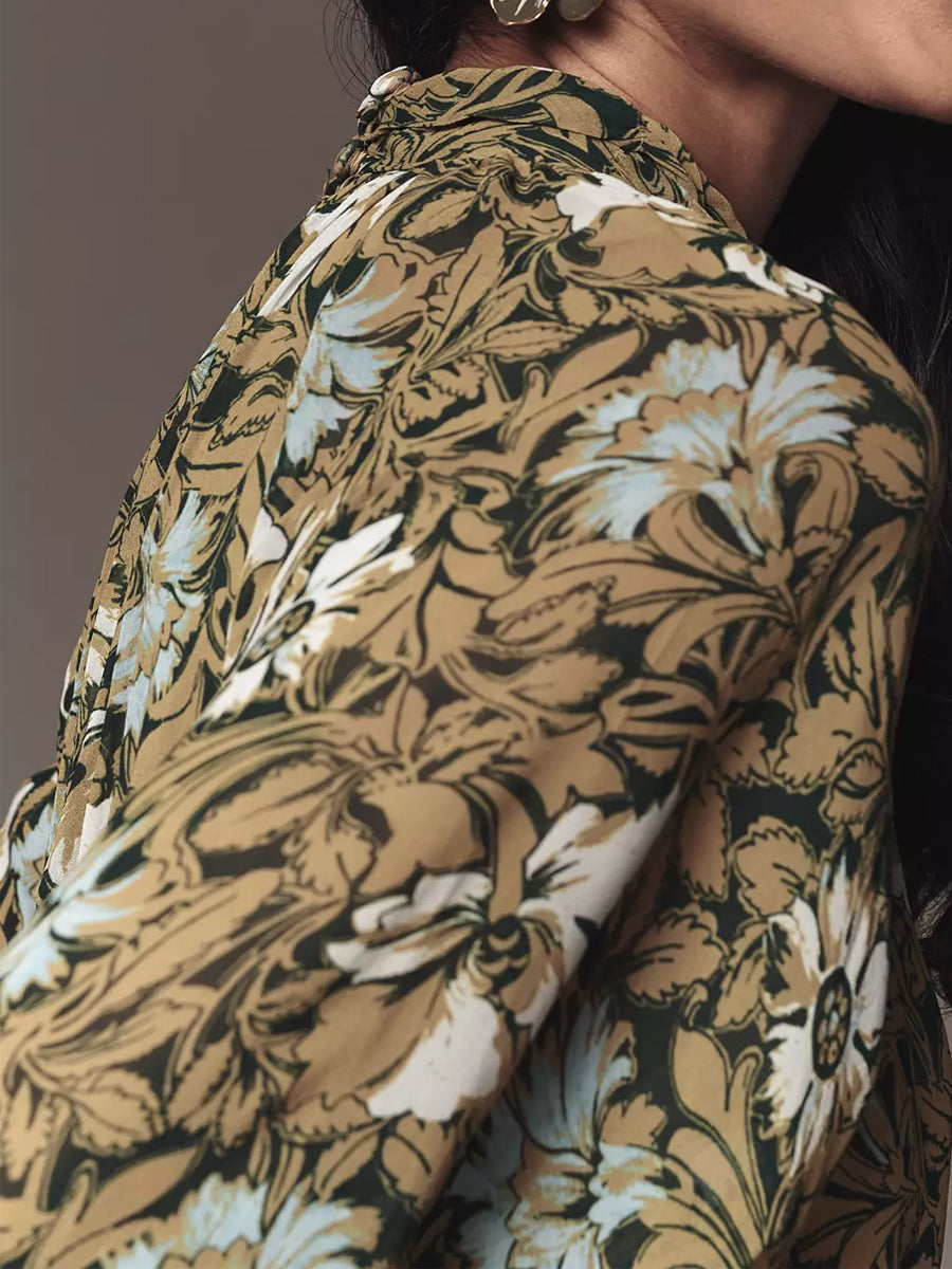 Long-Sleeve Mock-Neck Chiffon Maxi Dress