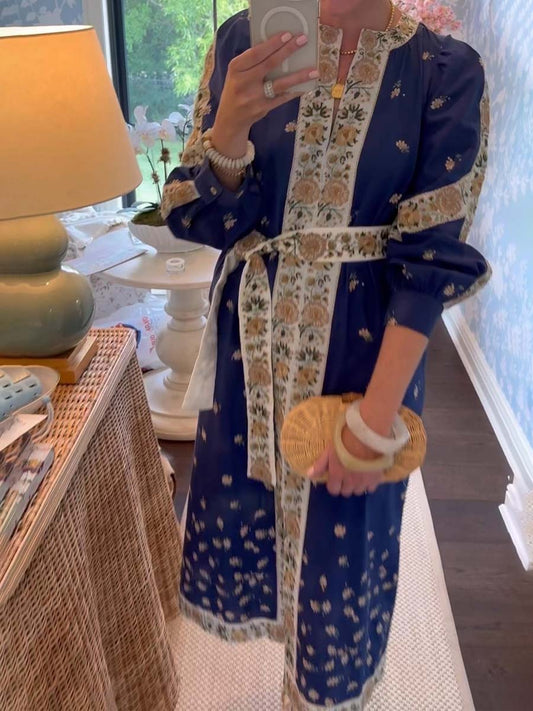 Floral Print Puff Sleeve Belted Dress