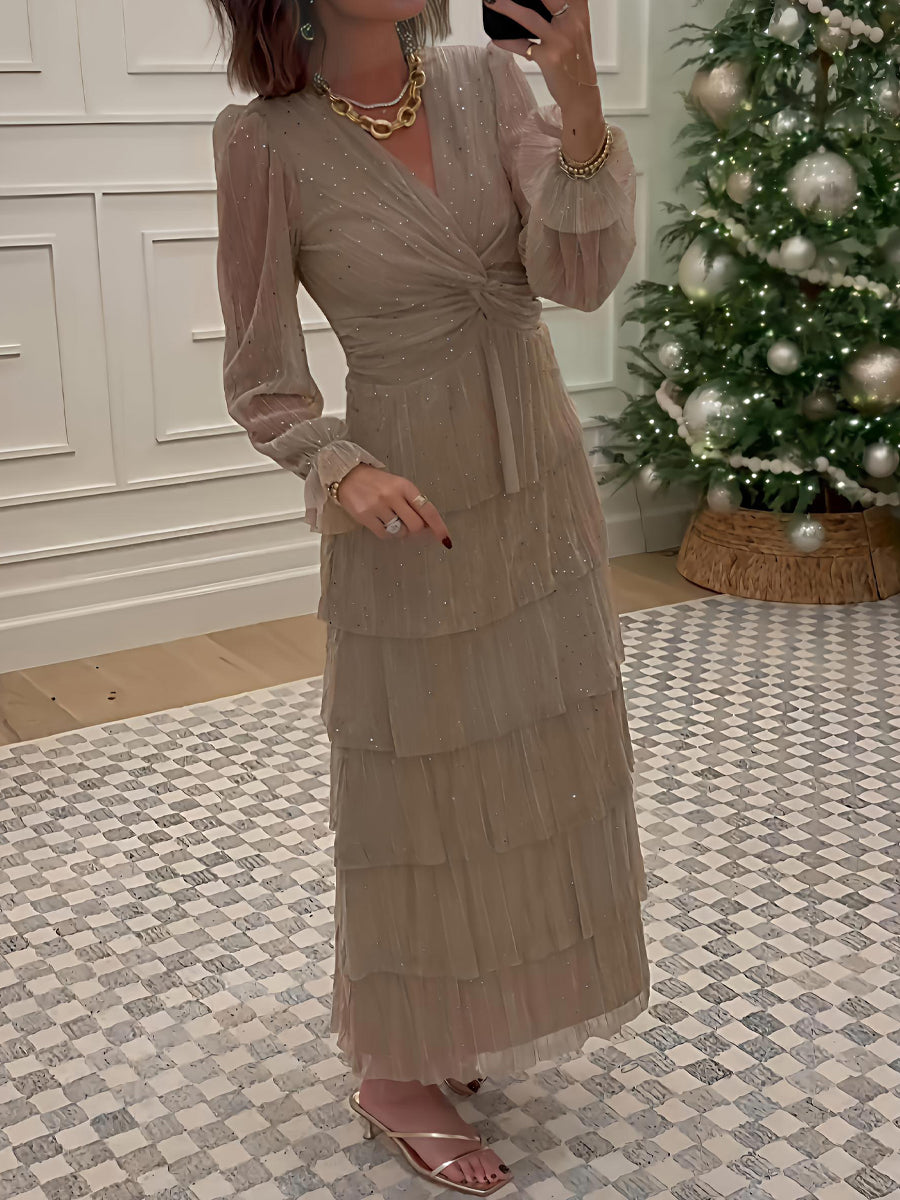 Twist Knot Glitter Ruffle Maxi Dress