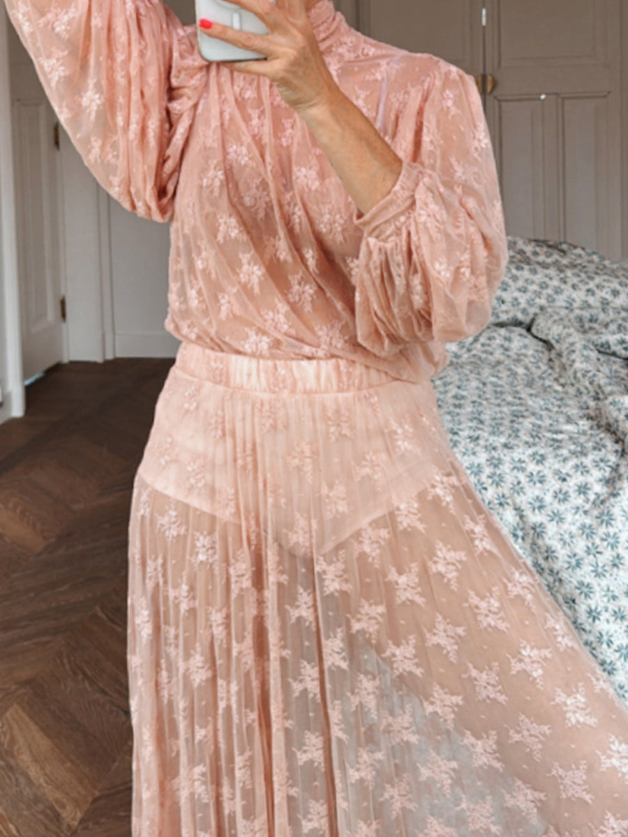 High Neck Puffed Sleeve Lace Two Pieces Dress