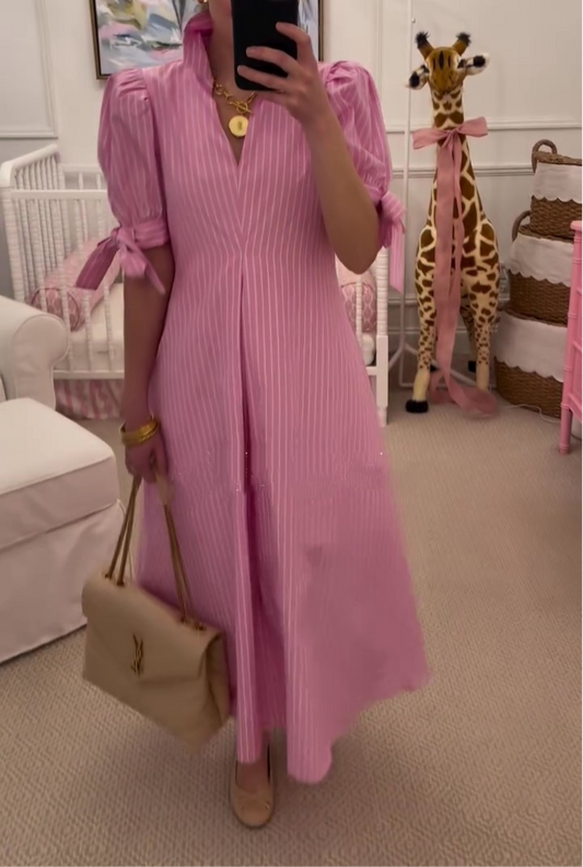 Bow Sleeve Pinstripe Maxi Dress