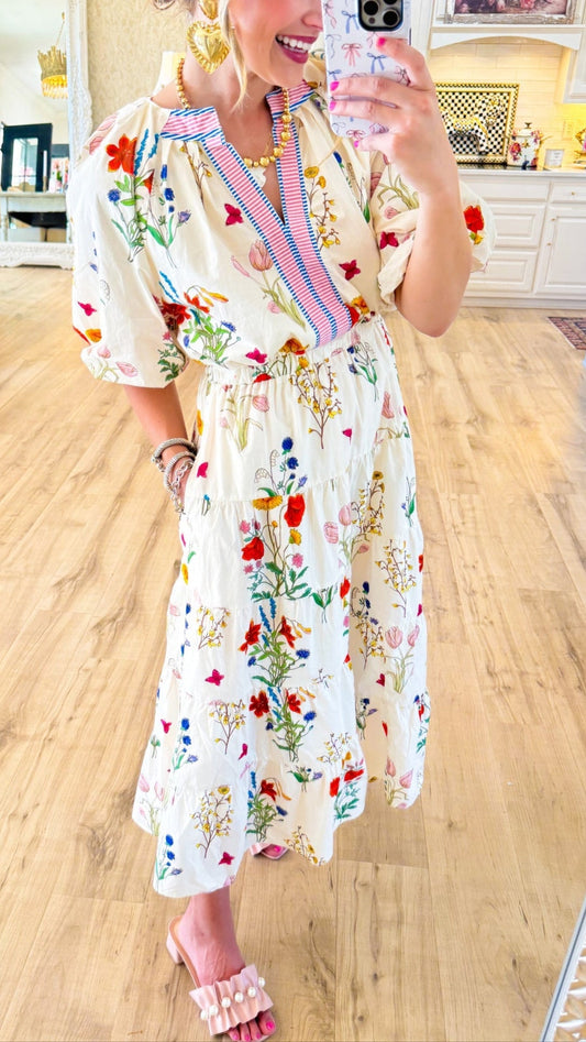 Cream Floral Puff Sleeve Midi Dress