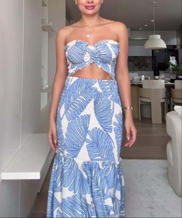 Temperamental blue dress with brown leaf print