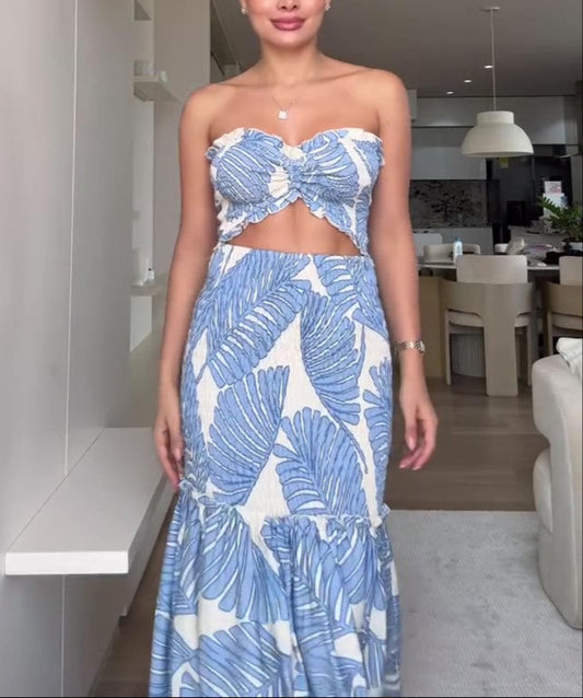 Temperamental blue dress with brown leaf print