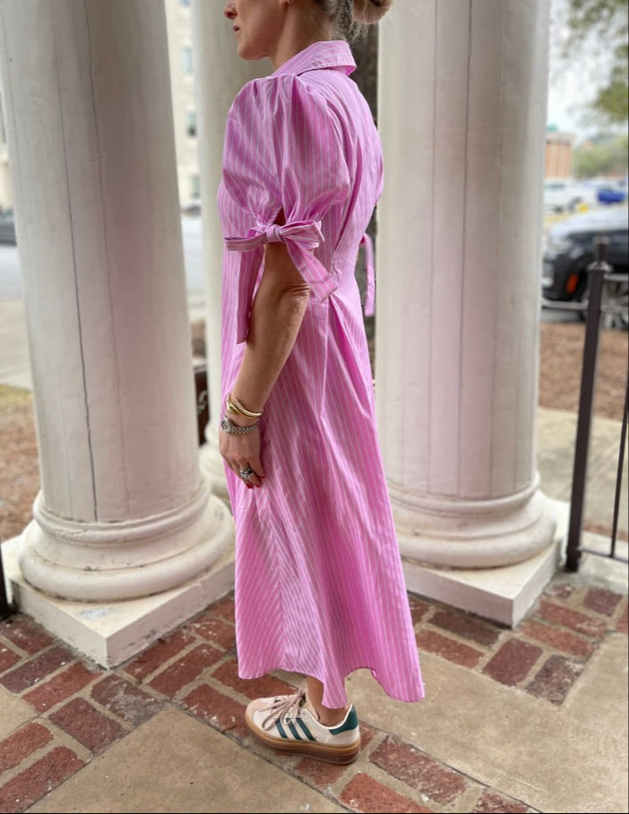Bow Sleeve Pinstripe Maxi Dress