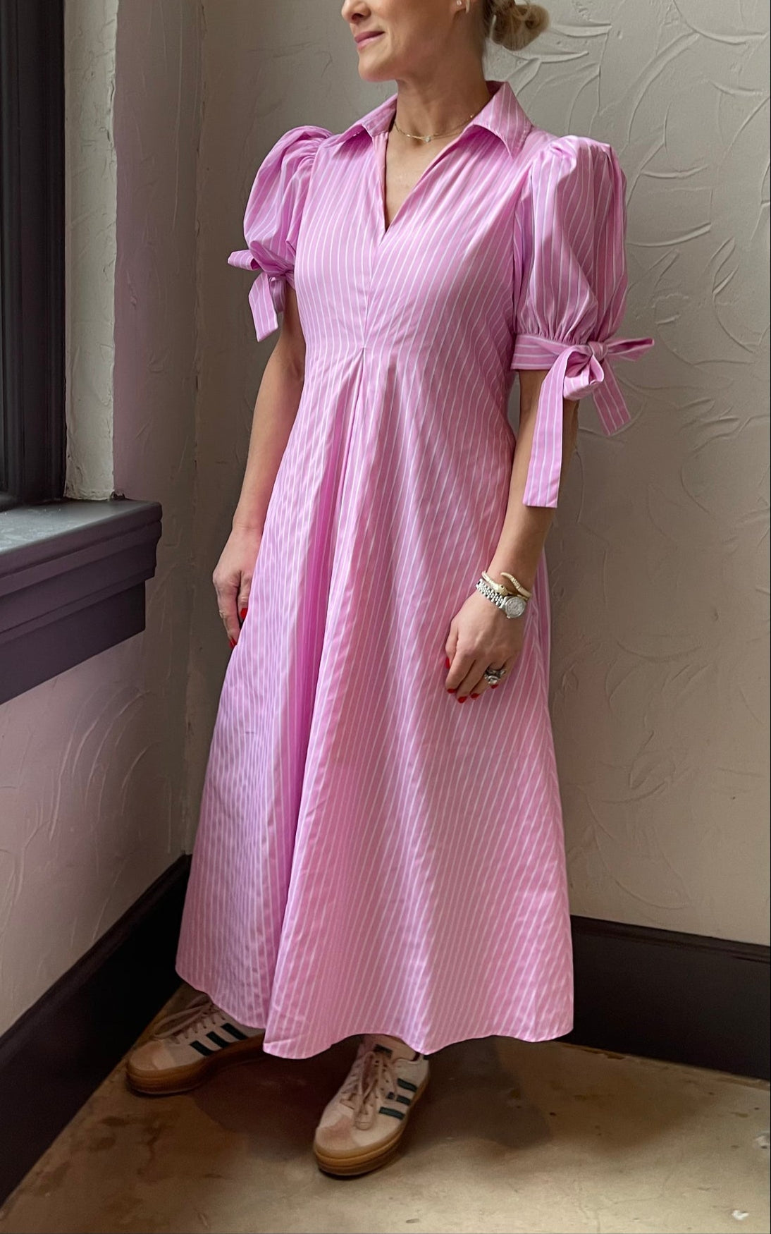 Bow Sleeve Pinstripe Maxi Dress