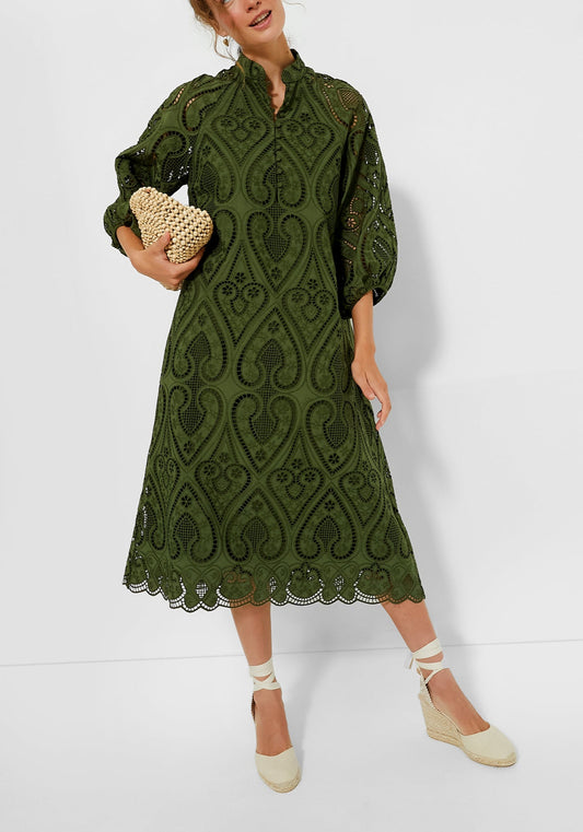 Balloon Sleeves Mandarin Collar Eyelet Lace Dress