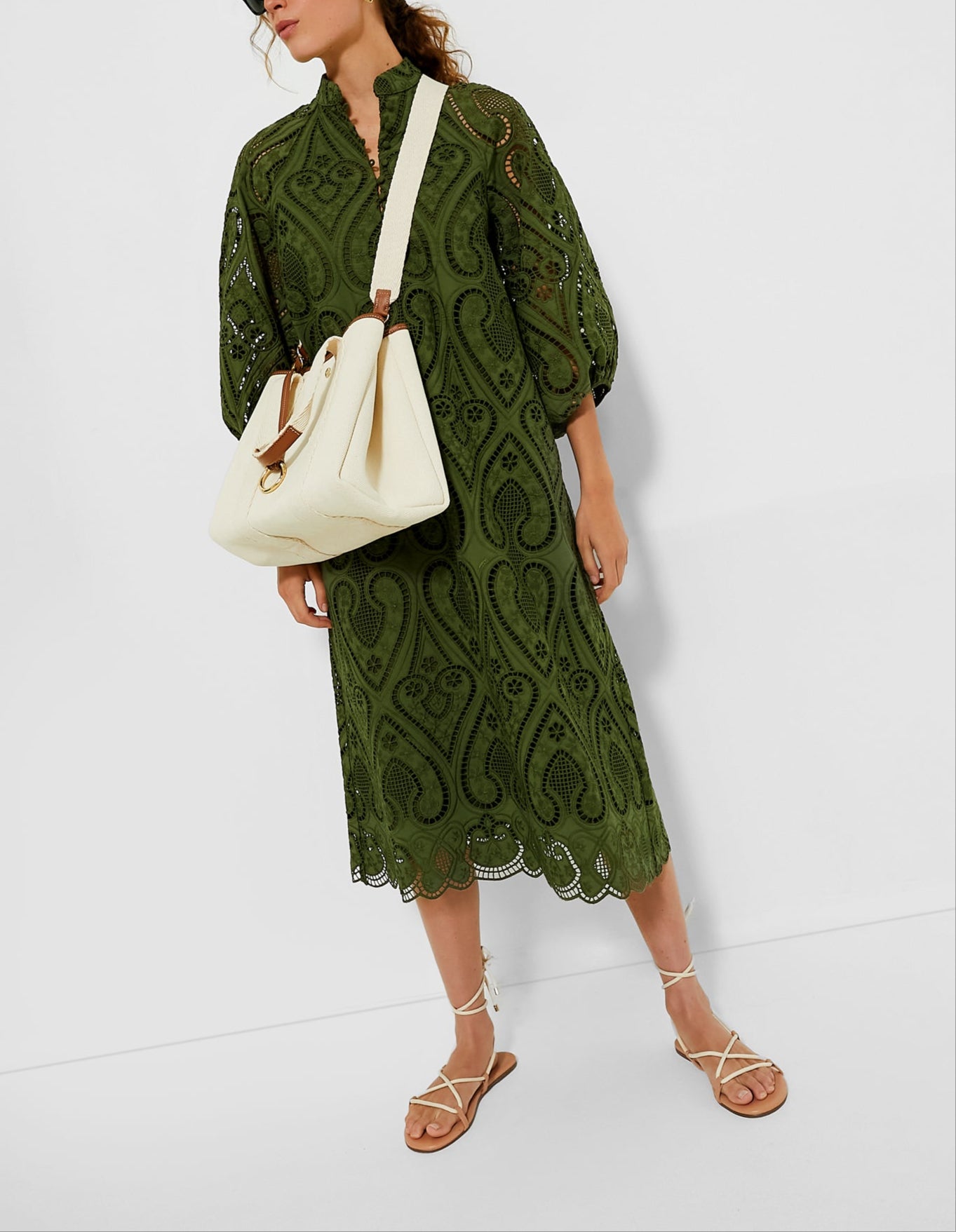 Balloon Sleeves Mandarin Collar Eyelet Lace Dress