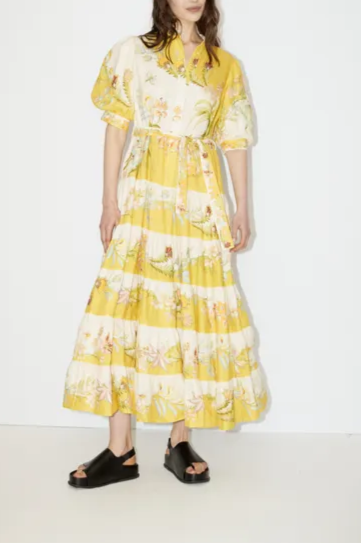Belted Tiered Printed Linen Maxi Dress