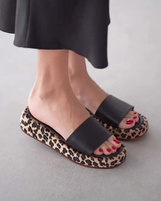 Leopard Print Leather Slippers
